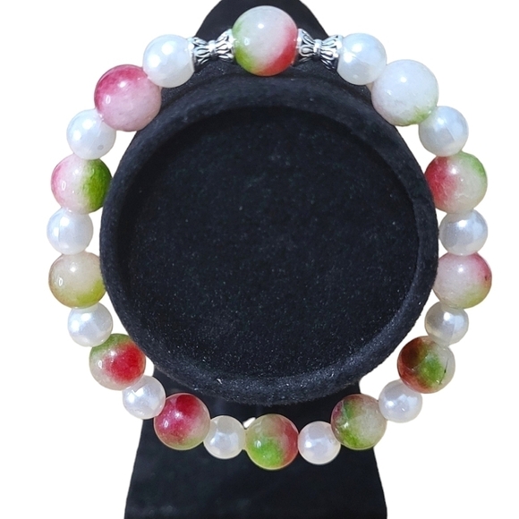 Handcrafted Watermelon Tourmaline and Faux Pearl One Of A Kind Bracelet - Picture 2 of 3